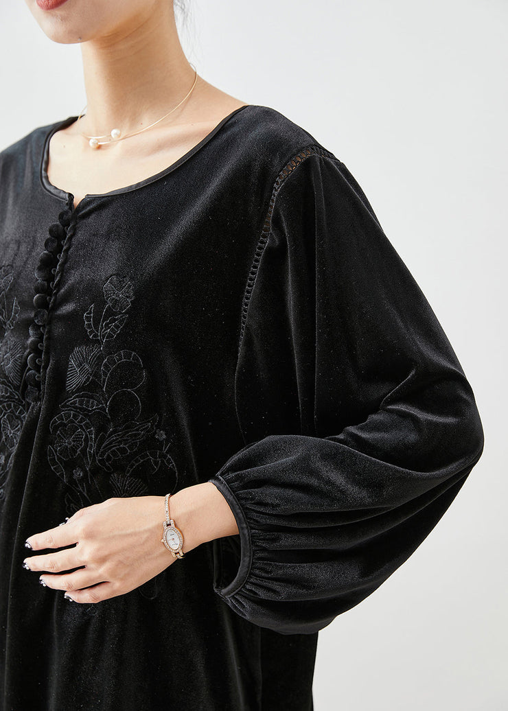 Stylish Black Embroidered Oversized Silk Velour Blouse Top Fall