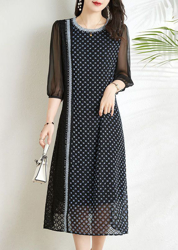 Stylish Black Embroideried Patchwork Lace Robe Dresses Half Sleeve