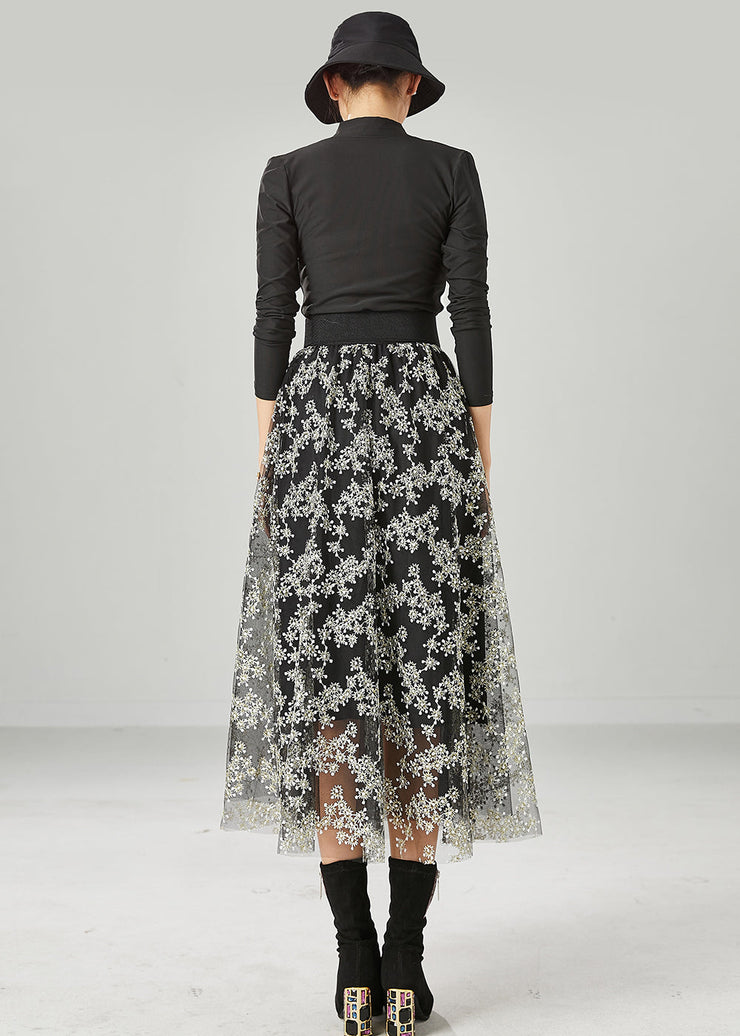 Stylish Black Embroidered Tulle Skirt Summer