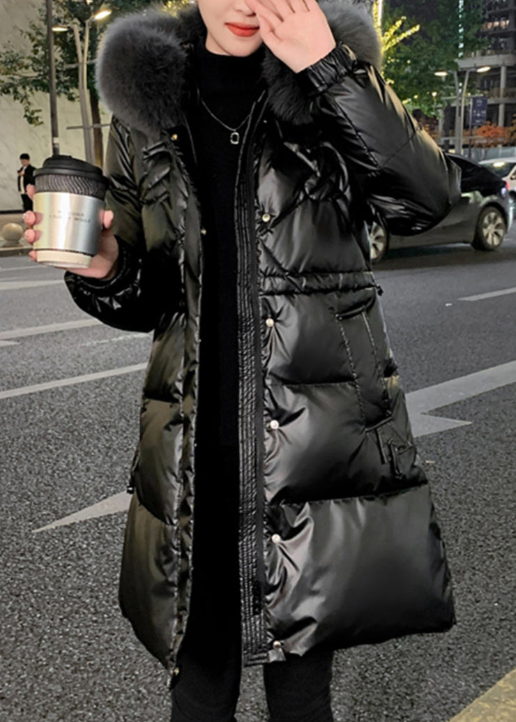 Stylish Black Fur Collar Pockets Duck Down Hooded Coat Winter