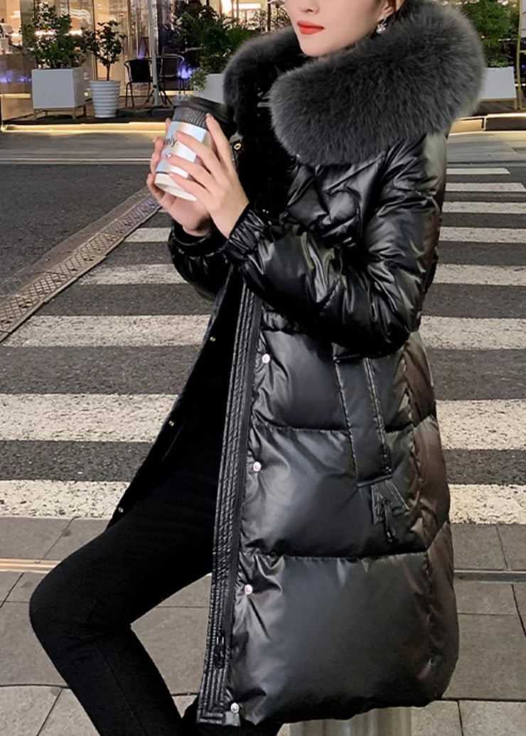 Stylish Black Fur Collar Pockets Duck Down Hooded Coat Winter