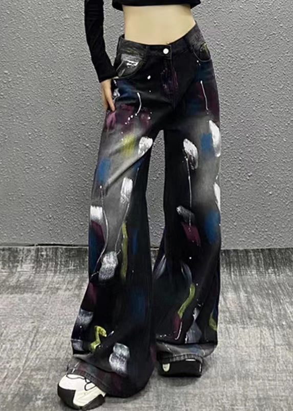 Stylish Black Graffiti High Waist Denim Wide Leg Pants Spring