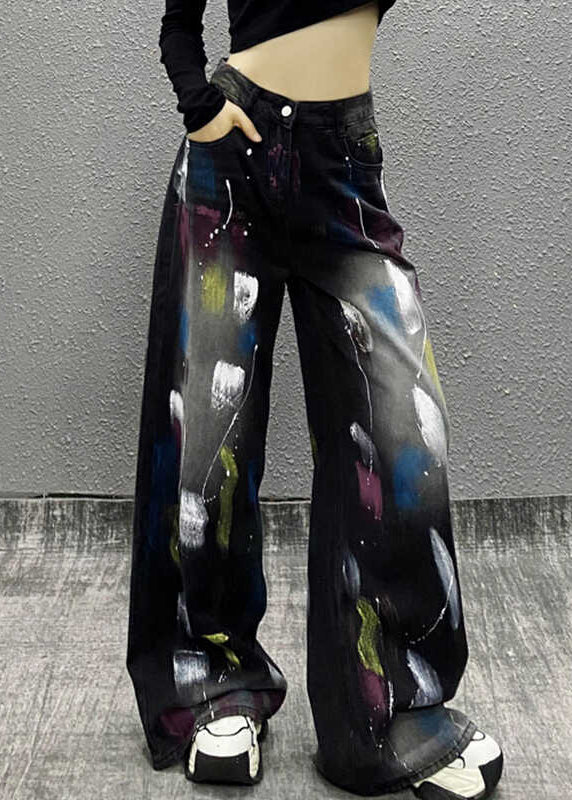 Stylish Black Graffiti High Waist Denim Wide Leg Pants Fall