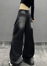 Stylish Black Graffiti High Waist Denim Wide Leg Pants Fall