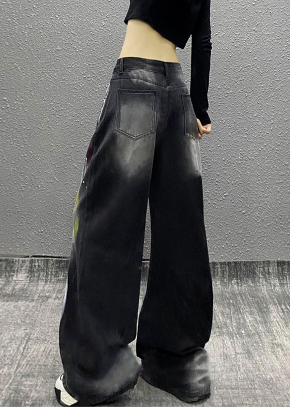 Stylish Black Graffiti High Waist Denim Wide Leg Pants Spring