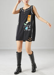 Stylish Black Hollow Out Patchwork Applique Cotton Ripped Tops Sleeveless