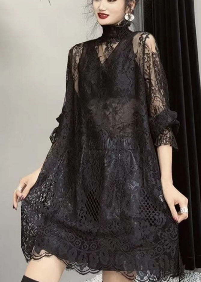 Stylish Black Hollow Out Patchwork Lace Top Fall