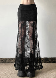 Stylish Black Hollow Out Slim Fit Lace Long Skirt Summer