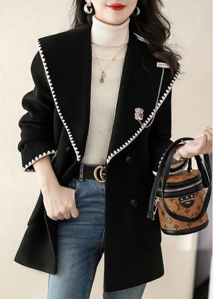 Stylish Black Hooded Button Patchwork Woolen Coat Fall