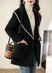 Stylish Black Hooded Button Patchwork Woolen Coat Fall