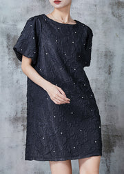 Stylish Black Jacquard Zircon Cotton Bow Dress Puff Sleeve