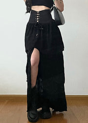 Stylish Black Lace Up Side Open Cotton Skirt Summer