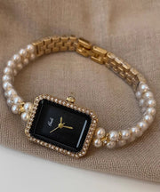 Stylish Black Metal Square Chain Pearl Watch