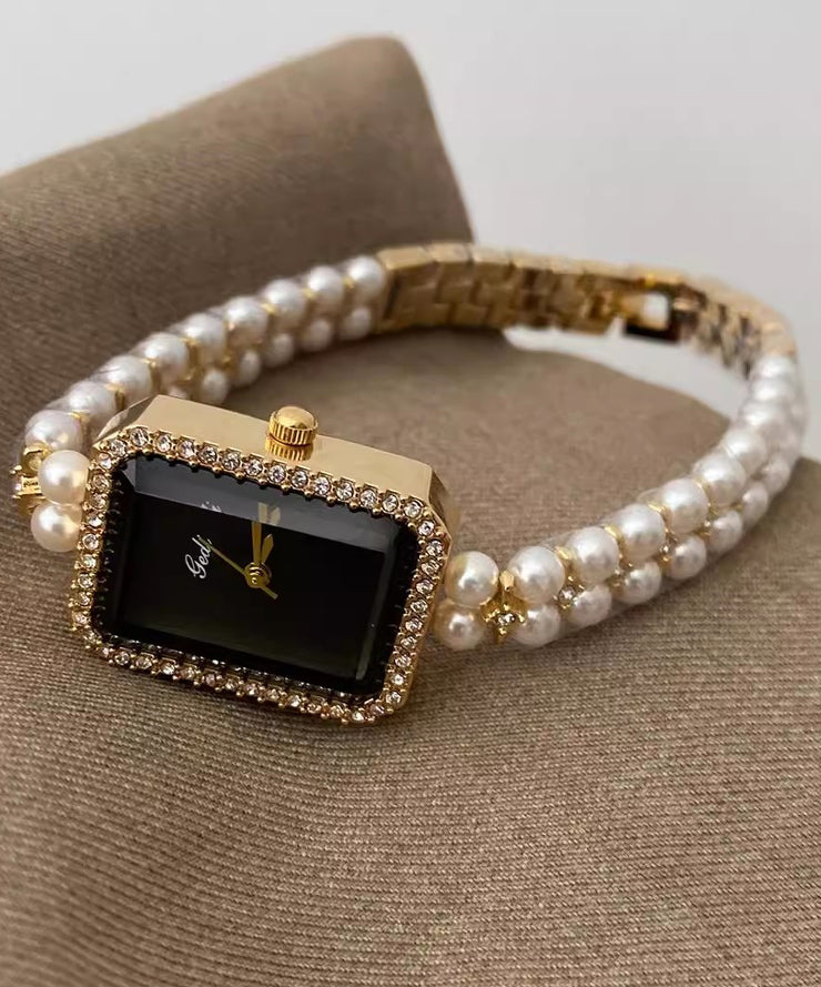 Stylish Black Metal Square Chain Pearl Watch