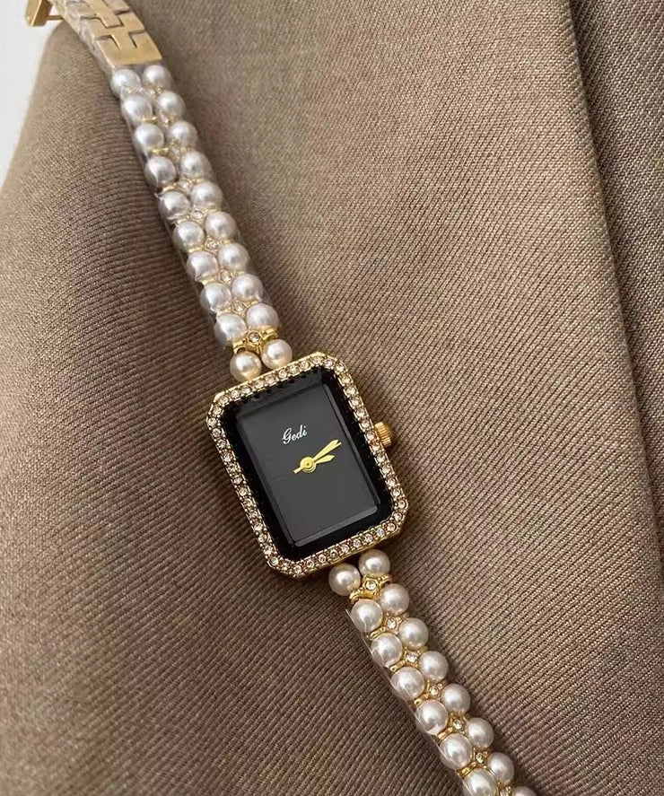 Stylish Black Metal Square Chain Pearl Watch