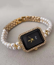 Stylish Black Metal Square Chain Pearl Watch