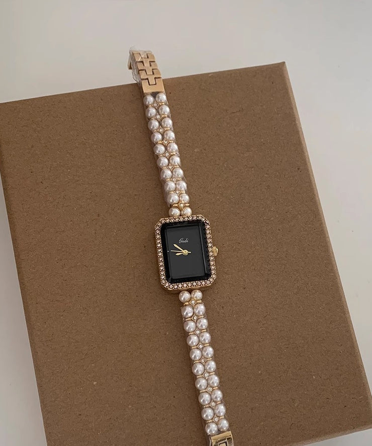 Stylish Black Metal Square Chain Pearl Watch