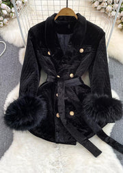 Stylish Black Notched Button Warm Silk Velvet Jacket Winter