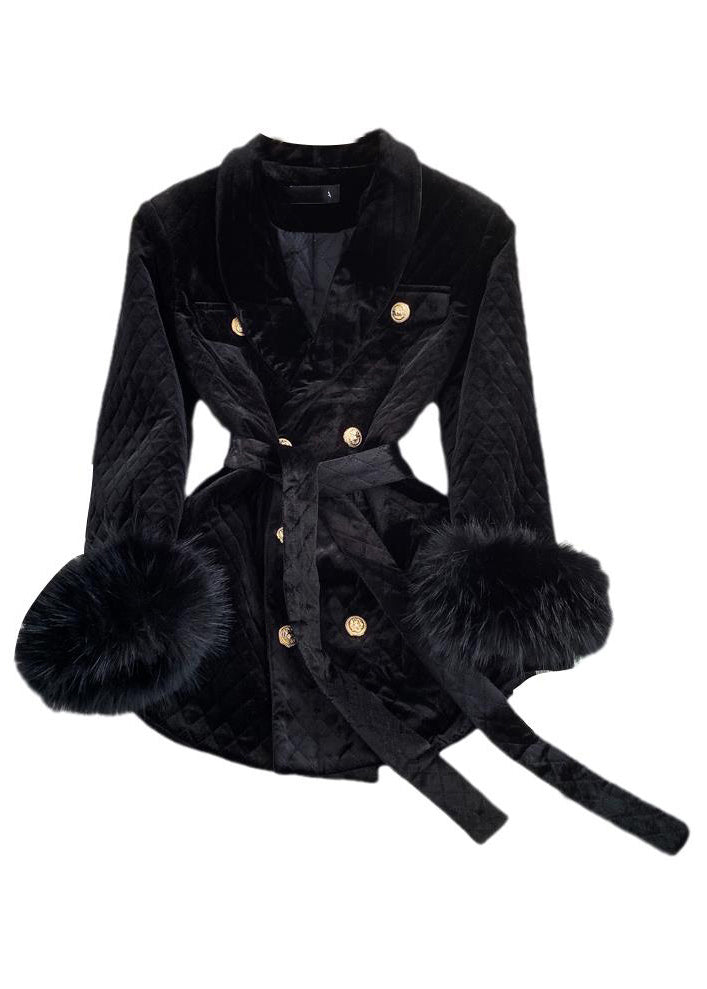 Stylish Black Notched Button Warm Silk Velvet Jacket Winter