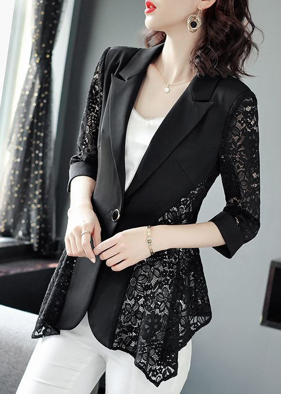 Stylish Black Notched Collar Lace Patchwork Hollow Out Spandex Coats Summer