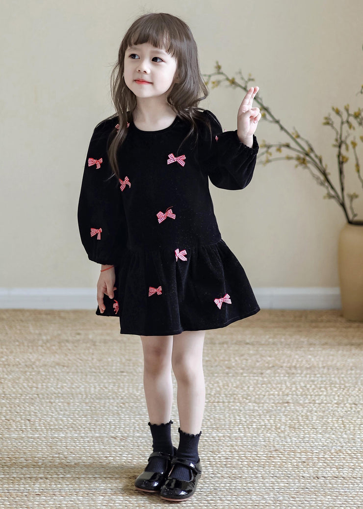 Stylish Black O-Neck Bow Kids Mid Dress Spring