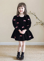 Stylish Black O-Neck Bow Kids Mid Dress Spring