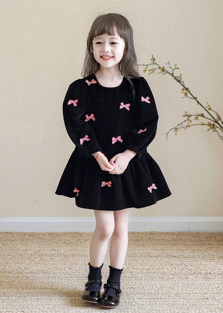 Stylish Black O-Neck Bow Kids Mid Dress Spring