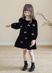 Stylish Black O-Neck Bow Kids Mid Dress Spring