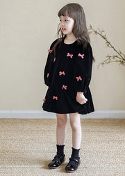 Stylish Black O-Neck Bow Kids Mid Dress Spring