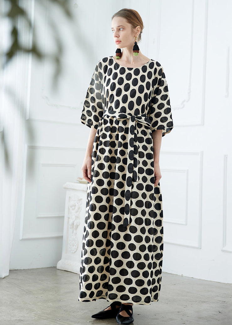 Stylish Black O Neck Dot Patchwork Cotton Robe Dresses Summer