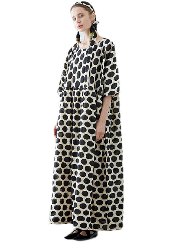 Stylish Black O Neck Dot Patchwork Cotton Robe Dresses Summer