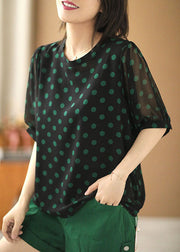 Stylish Black O-Neck Dot Print Draping Chiffon Shirt Short Sleeve