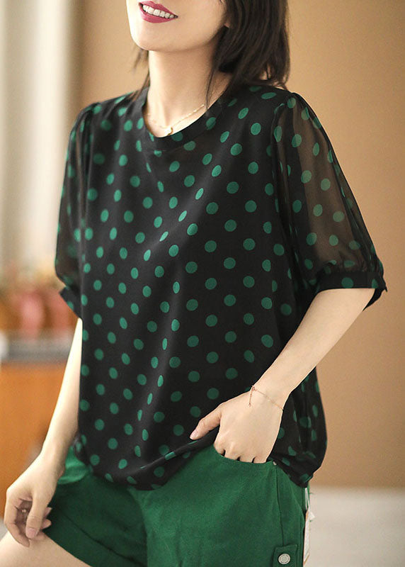 Stylish Black O-Neck Dot Print Draping Chiffon Shirt Short Sleeve