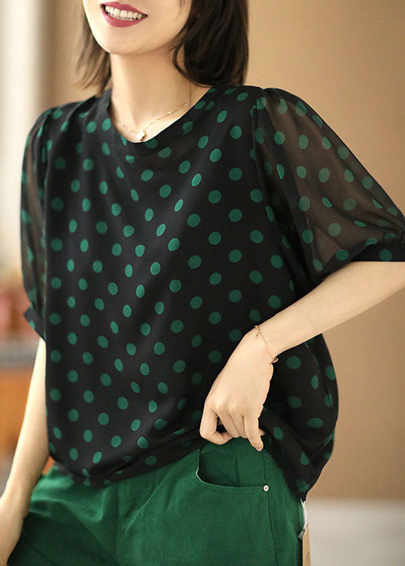 Stylish Black O-Neck Dot Print Draping Chiffon Shirt Short Sleeve