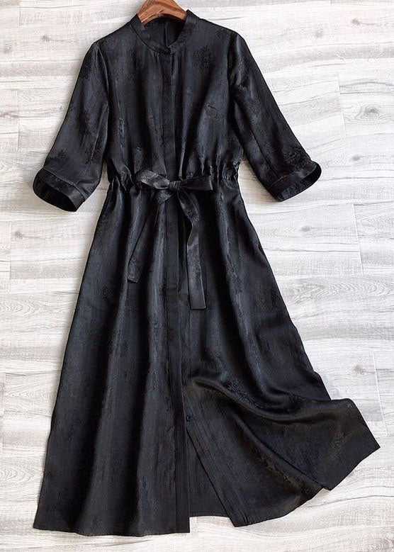 Stylish Black O Neck Jacquard Drawstring Silk Cinch Dresses Spring