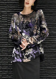 Stylish Black O Neck Jacquard Silk Velour Shirt Tops Fall