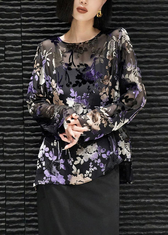 Stylish Black O Neck Jacquard Silk Velour Shirt Tops Spring