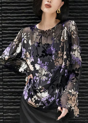 Stylish Black O Neck Jacquard Silk Velour Shirt Tops Fall