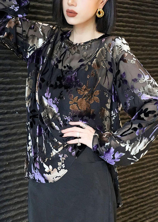 Stylish Black O Neck Jacquard Silk Velour Shirt Tops Spring