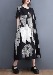 Stylish Black O-Neck Oversized Print Cotton Long Dress Summer