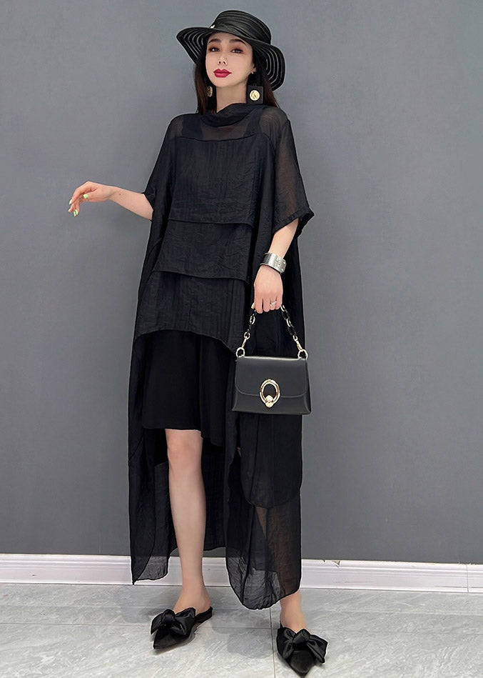 Stylish Black O-Neck Patchwork Dress Short Sleeve