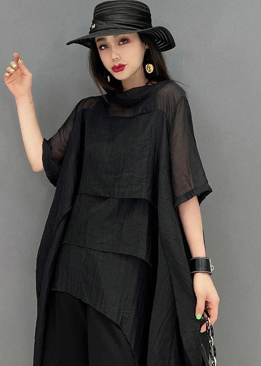 Stylish Black O-Neck Patchwork Dress Short Sleeve