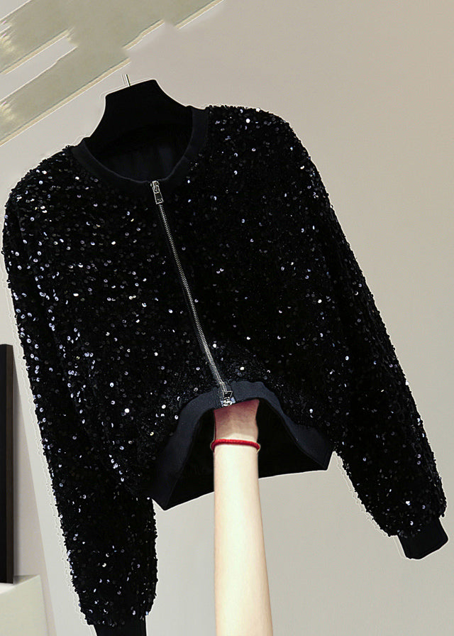 Stylish Black O-Neck Patchwork Sequins Silk Velvet Coat Spring