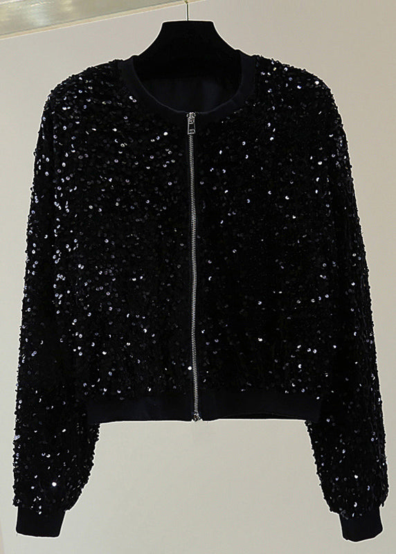 Stylish Black O-Neck Patchwork Sequins Silk Velvet Coat Spring