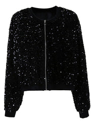 Stylish Black O-Neck Patchwork Sequins Silk Velvet Coat Spring