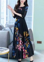 Stylish Black O-Neck Print Exra Large Hem Chiffon Dresses Half Sleeve