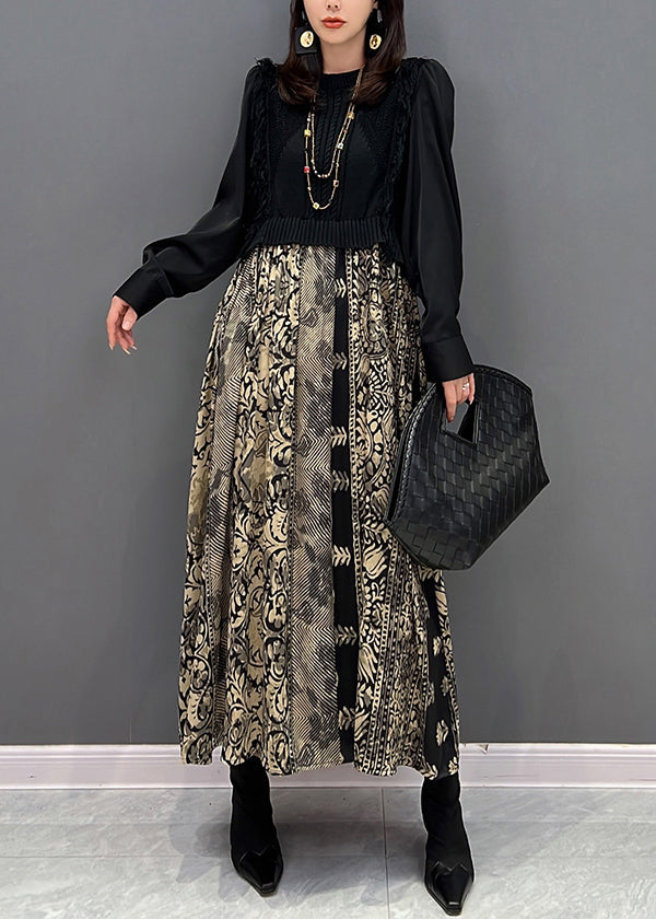 Stylish Black O Neck Print Knit Patchwork Chiffon Dresses Fall