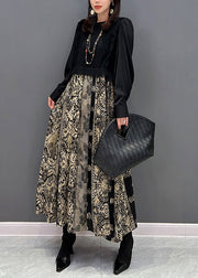 Stylish Black O Neck Print Knit Patchwork Chiffon Dresses Fall