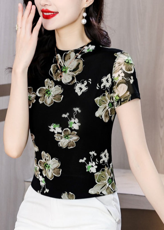 Stylish Black O Neck Print Tulle T Shirts Top Summer