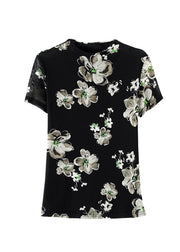 Stylish Black O Neck Print Tulle T Shirts Top Summer